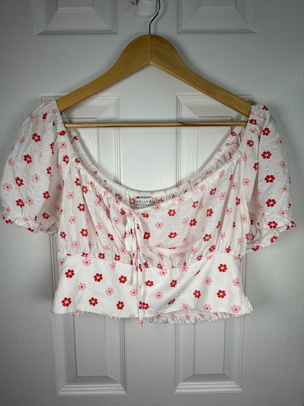 Molly Bracken White Floral Crop Top Red Peasant Puff Sleeve Women's L Boho